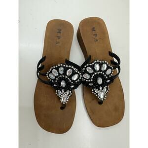 M.P.S. Womens Sandals Size Unknown Black Wedge Thong Rhinestones